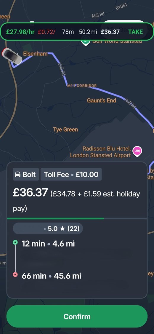 The Quick Fare Verdict Card as a slim full-width bar across the top of the screen, reading £27.98 per hour, £0.72 per mile, 78 minutes, 50.2 miles, £36.37 and a TAKE verdict