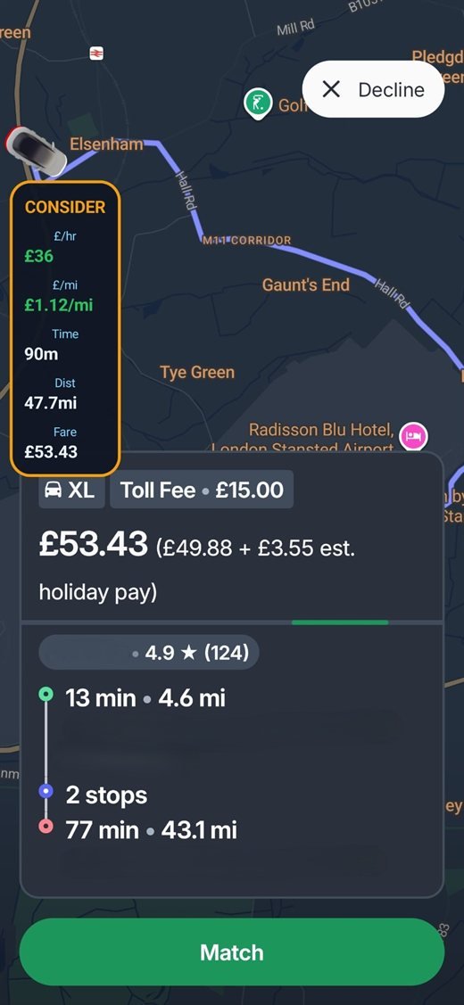 A driver map with the Quick Fare vertical Verdict Card showing an amber CONSIDER verdict