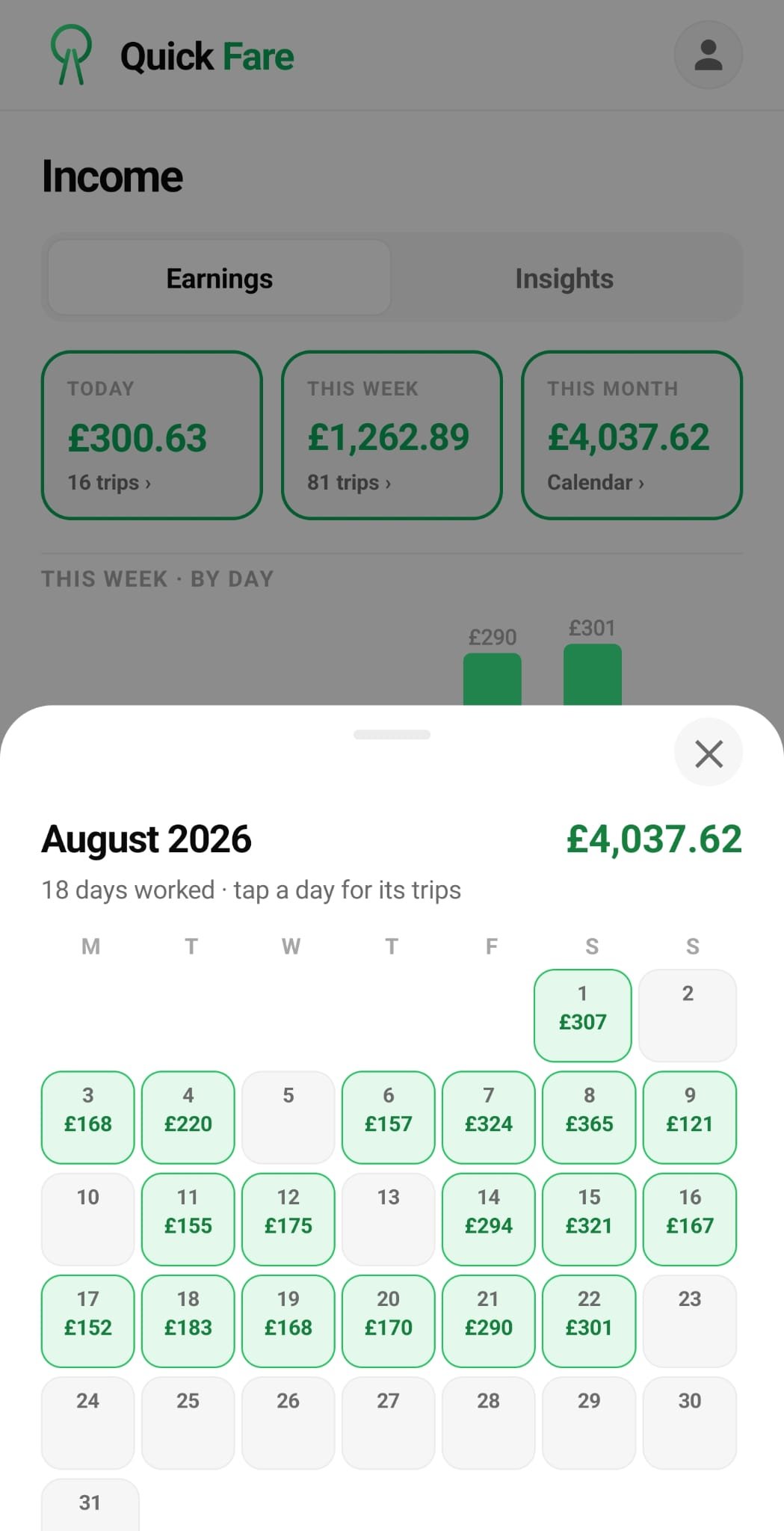 Quick Fare earnings calendar for August 2026: £4,037.62 across 18 days worked, with the amount earned on each day