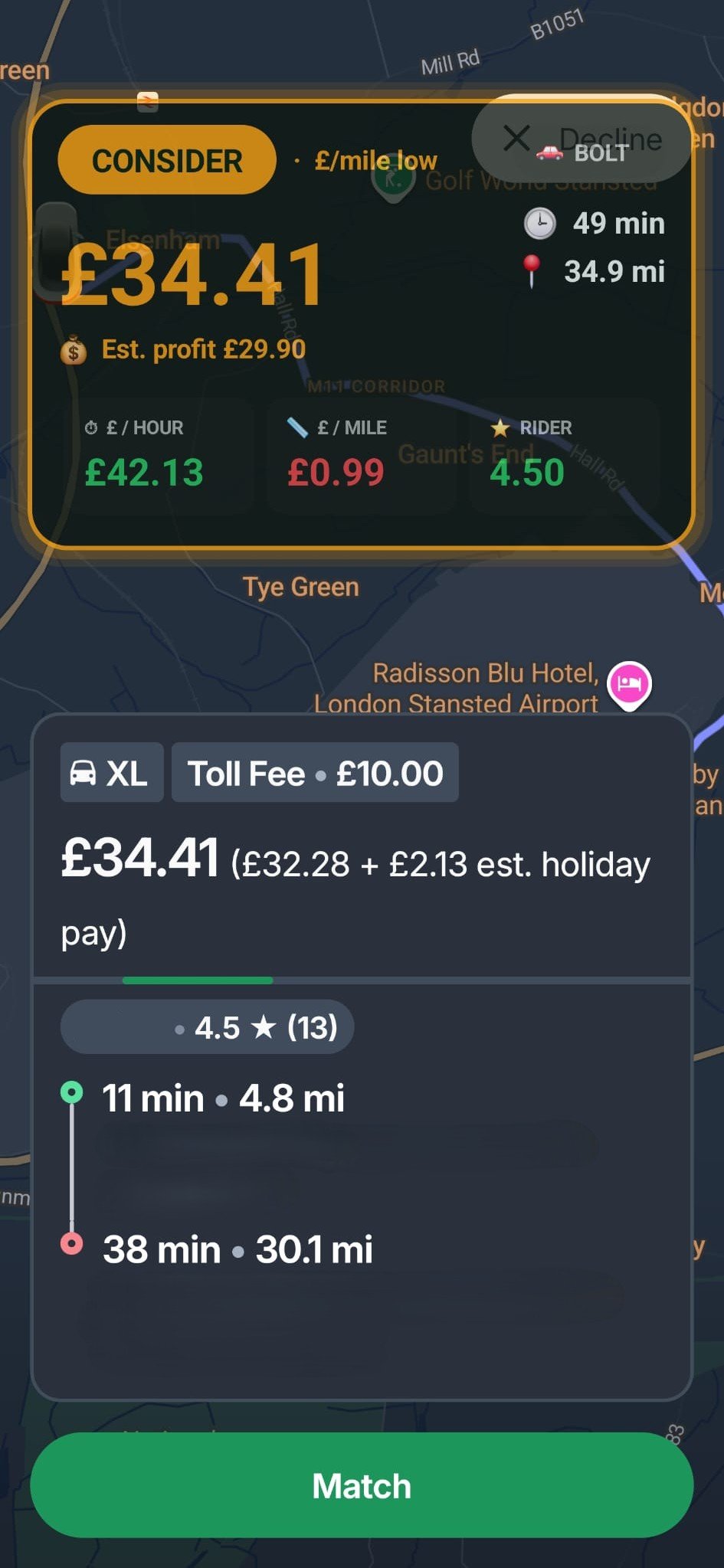 The Quick Fare Verdict Card over a live Bolt offer: CONSIDER, £34.41 fare, £42.13 per hour, £0.99 per mile flagged low, above the real offer card