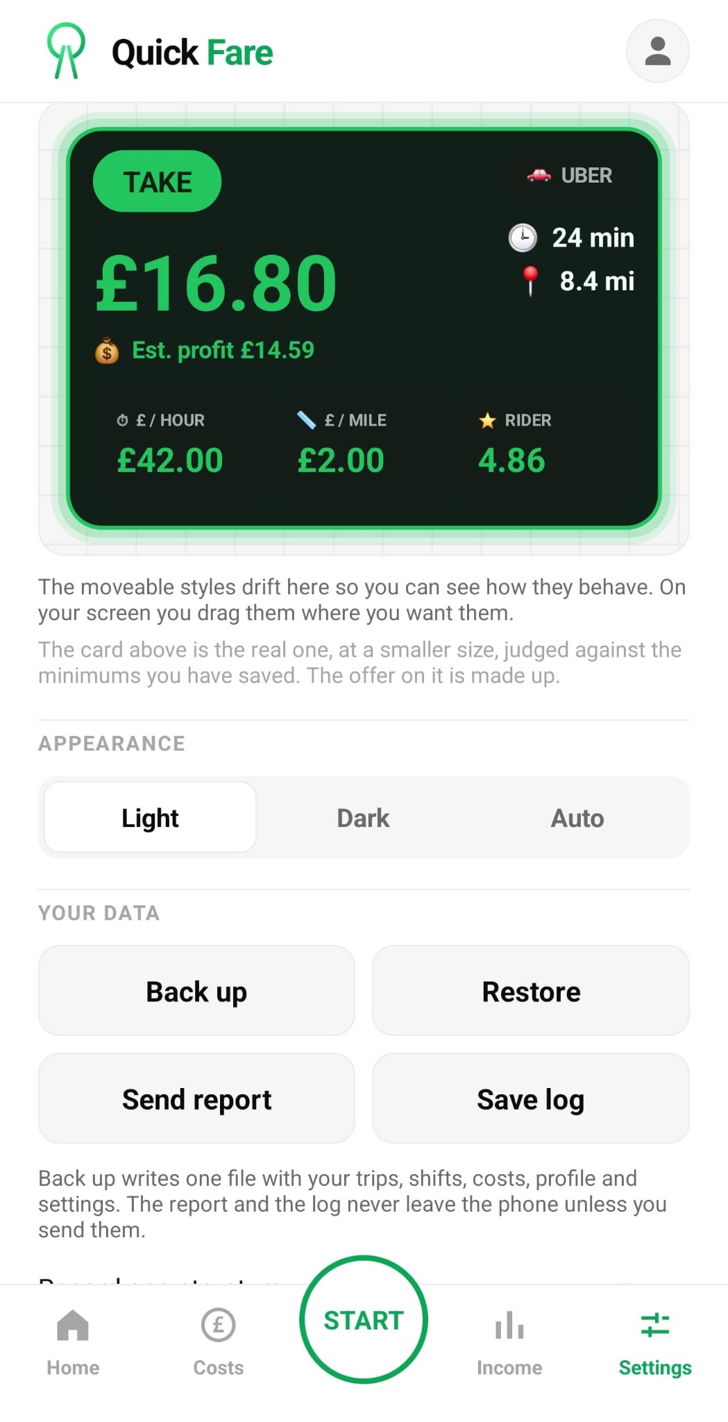 Quick Fare settings with a live Verdict Card preview reading TAKE, £16.80 fare, £42.00 per hour, £2.00 per mile, rider 4.86
